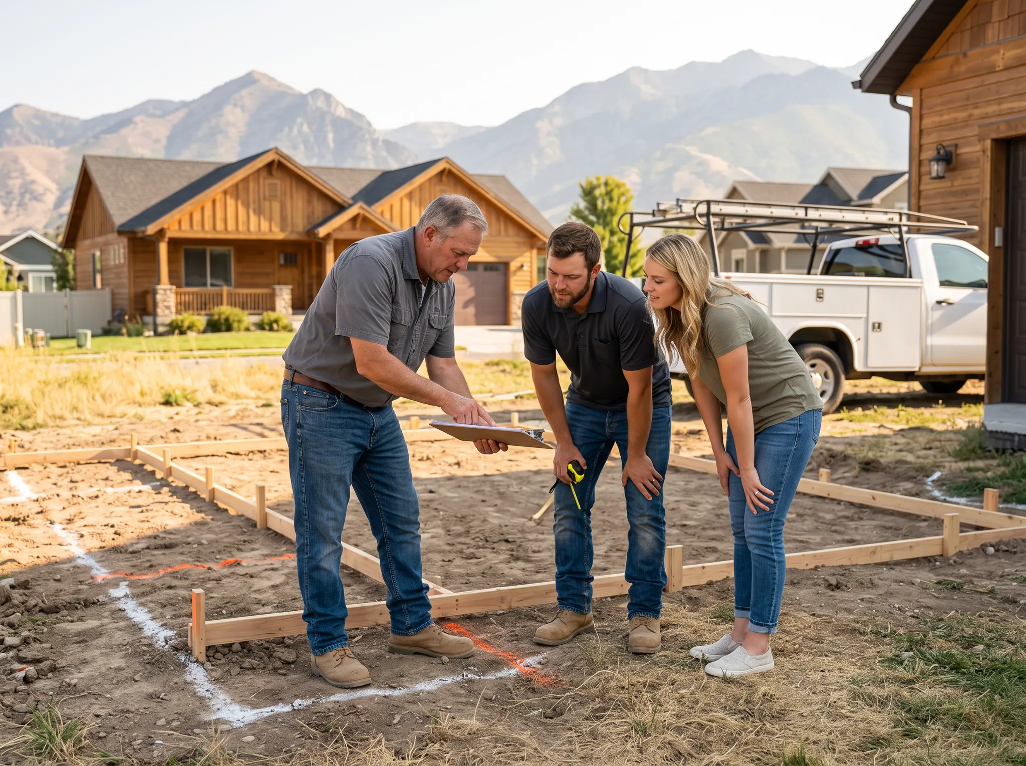 Rhode Concrete team reviewing an on-site estimate with a Heber City homeowner