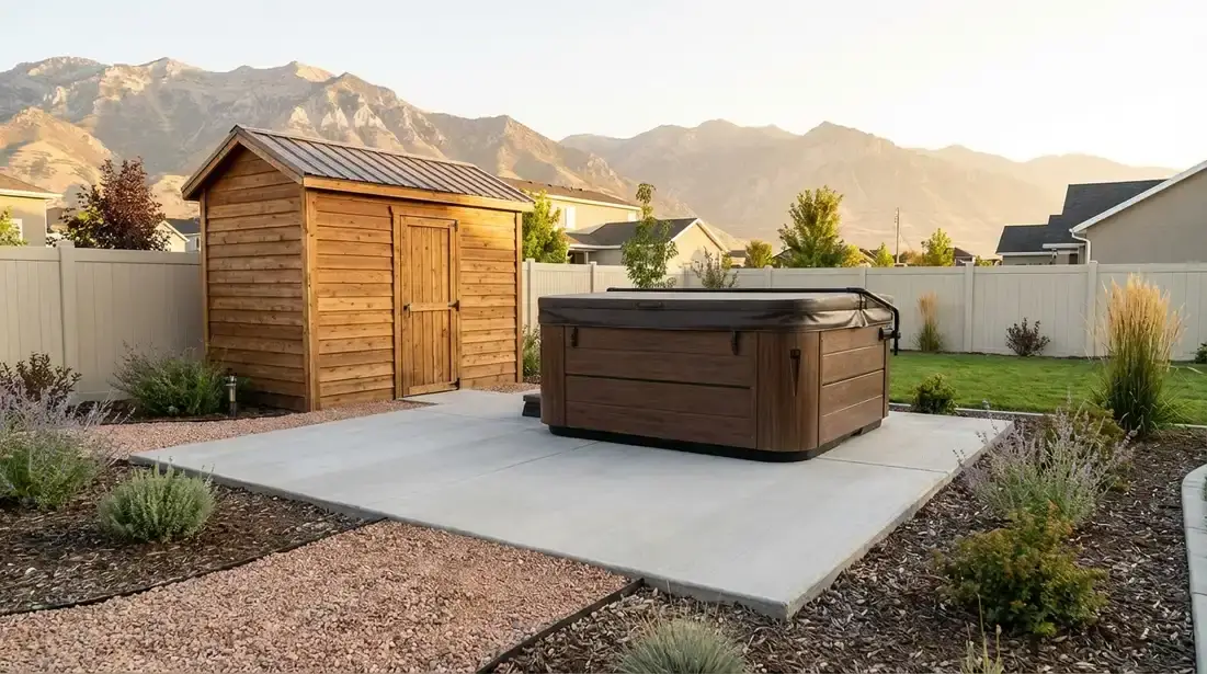 Concrete shed and hot tub pad installation in Utah